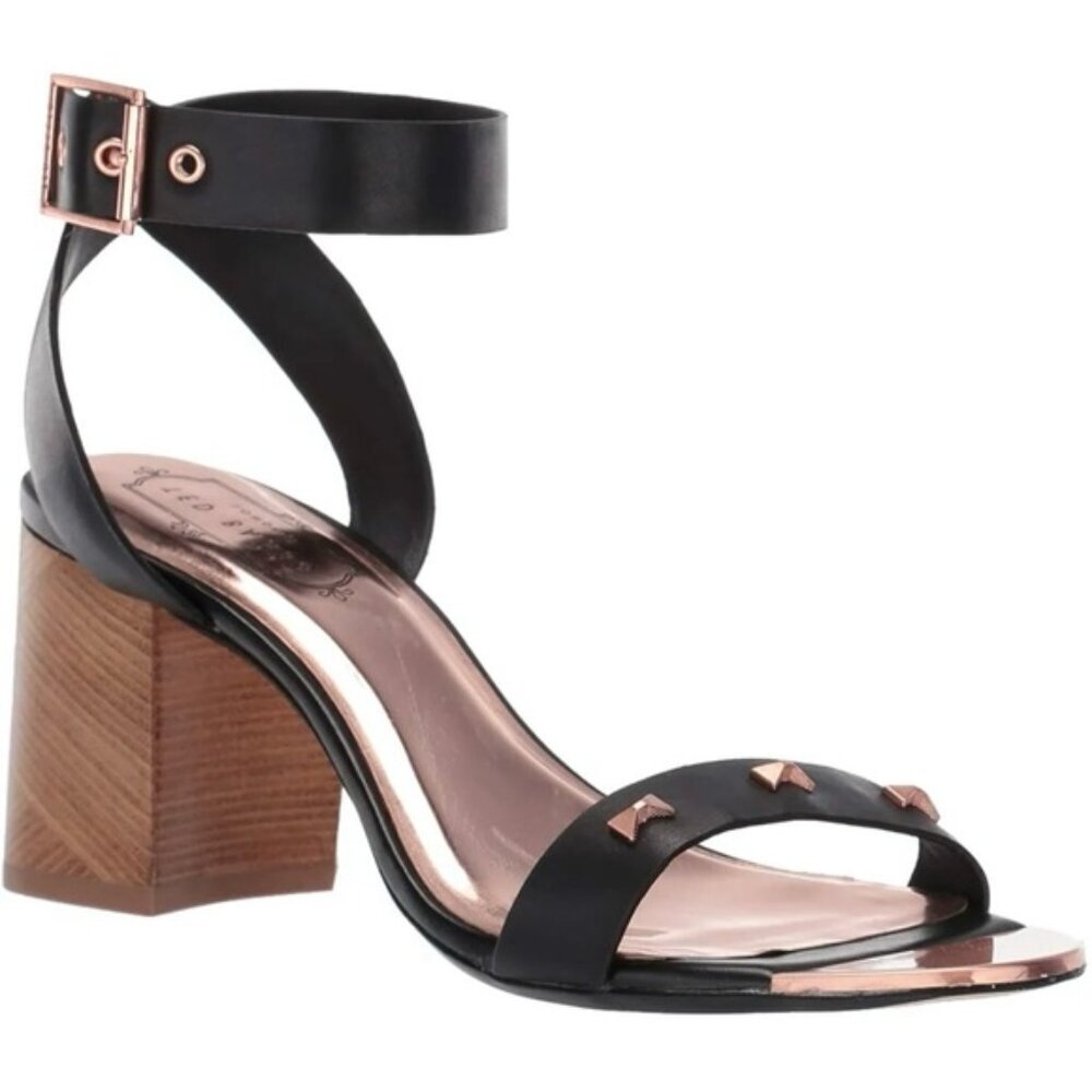 Ted Baker Biah Leather Ankle Strap Block Heel Rose Gold Bow Studs Sandal Shoe 38